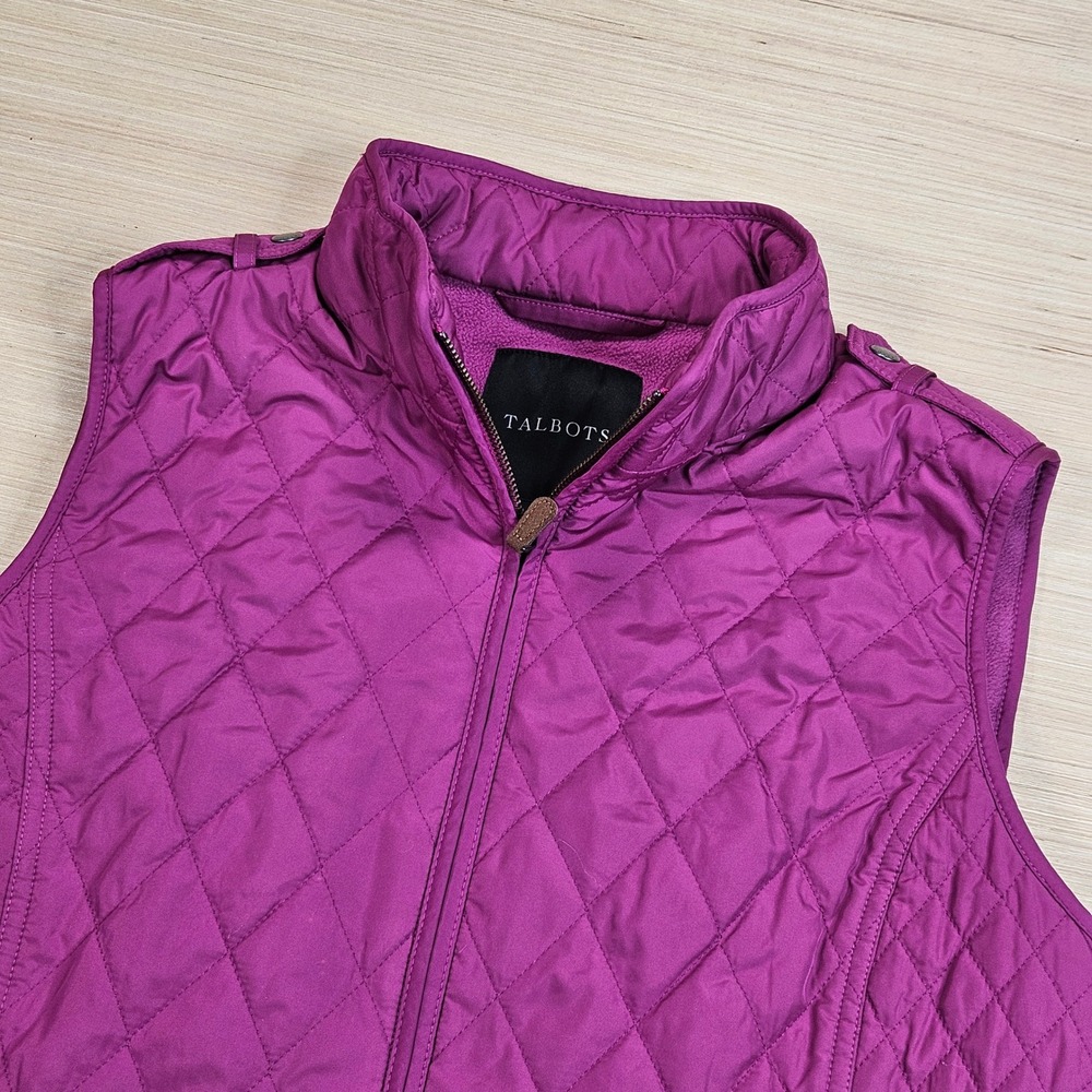 Talbots Quilted Vest Womens L Purple Full Zip Fleece Lined Mock Neck Outerwear